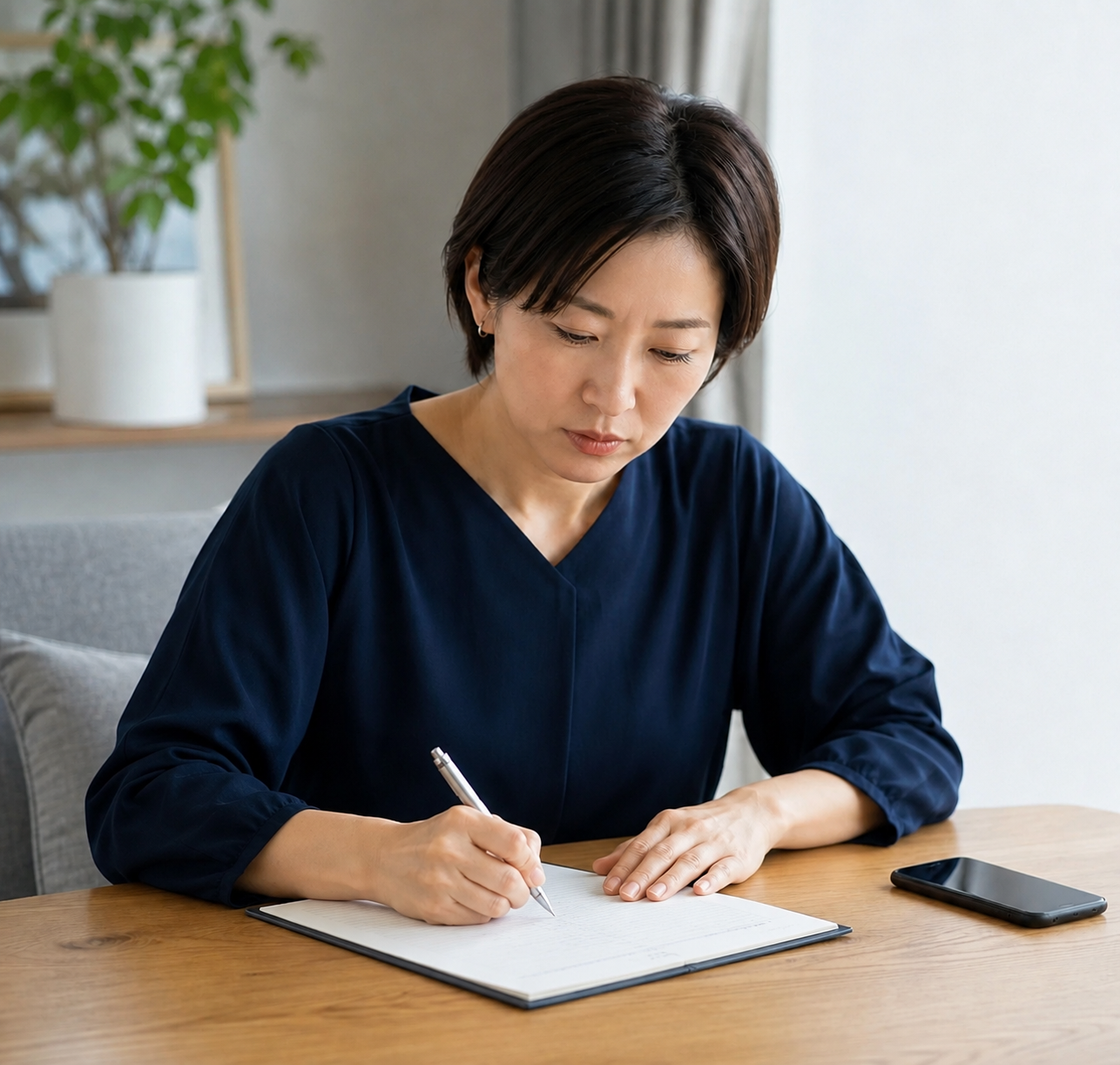 女性相談員が相談者の話を聞きながらメモを取る様子