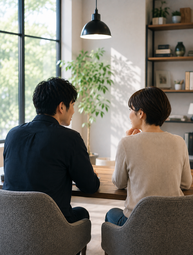 婚前調査の報告内容を相談員から説明される日本人男性