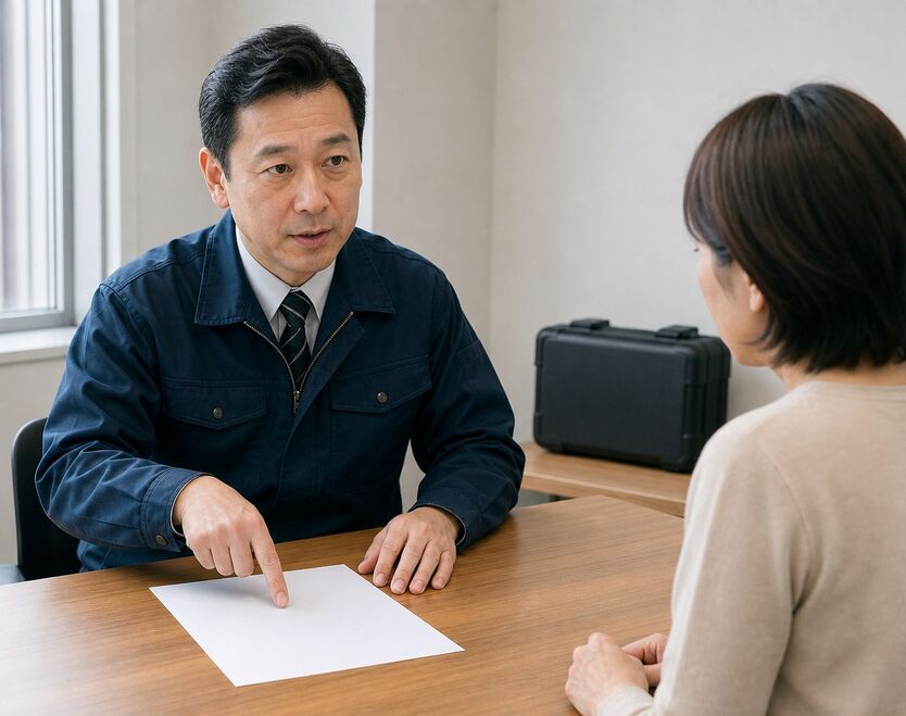 相談員が盗聴器調査の範囲と費用を説明している様子